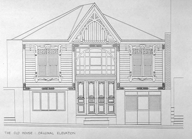 B&W drawing, elevation of the restored house