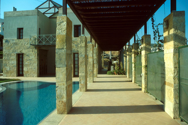 Exterior view showing poolside wall