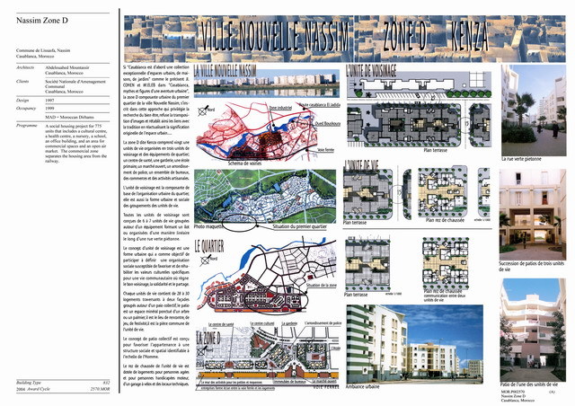 Presentation panel with project description, location map, site plans, and general views