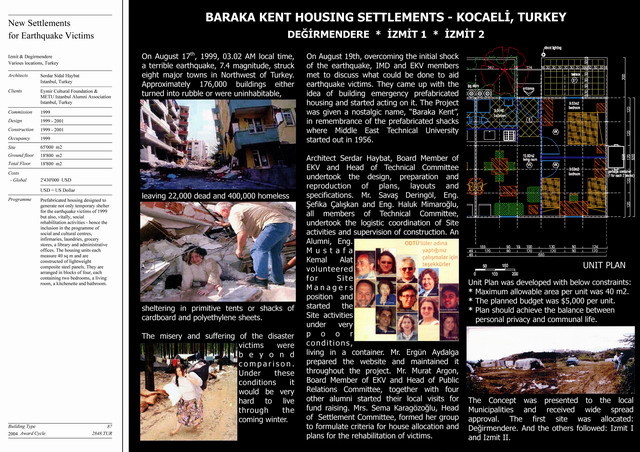 Presentation panel with project description, earthquake photographs, and floor plan of new housing unit