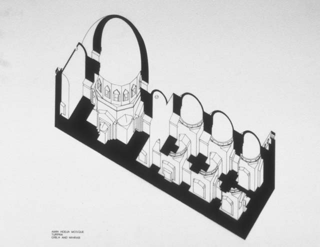 Axonometric section of the mihrab chamber and adjoining cells to the south
