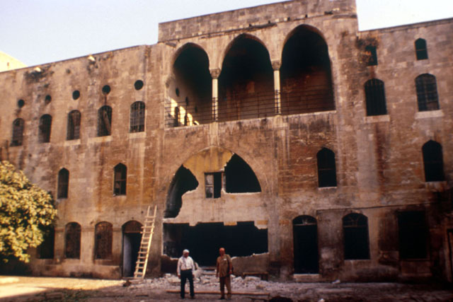 Main façade, during restoration