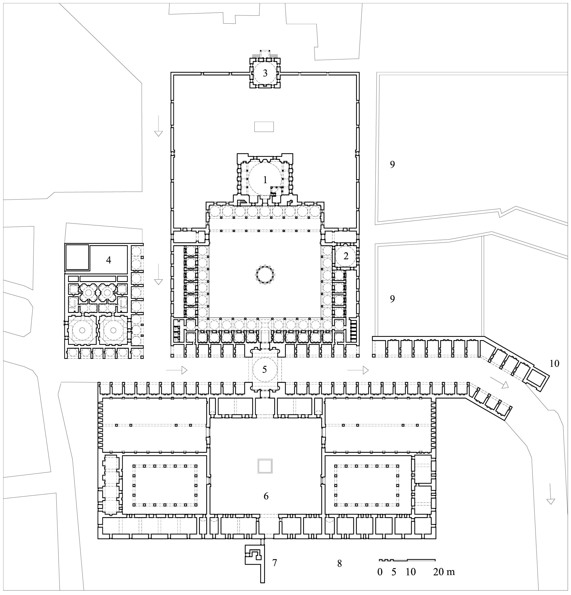 Sokollu Mehmet Paşa Külliyesi - Floor plan of the complex, showing  (1) mosque, (2) madrasa, (3) elementary school, (4) double bath, (5) prayer dome, (6) double caravanserai with guestrooms and hospice (hypothetical reconstruction), (7) watchtower of waqf administrator's residence, (8) site of royal palace, (9) residences for the professor, preacher, imam and four muezzins, (10) public fountain and route toward the bridge.  Arrows designate the road between Istanbul and Edirne. DWG file in AutoCAD 2000 format. Click the download button to download a zipped file containing the .dwg file.
