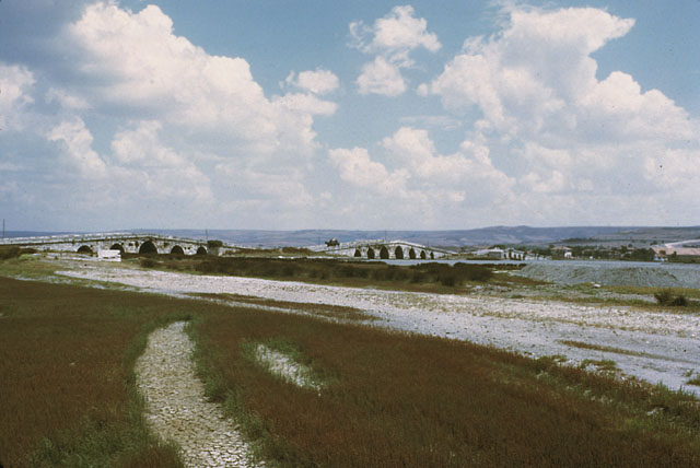 View looking northeast from the artificial island between the third and forth sections of the bridge; the long building seen across the channel is the Sokullu Mehmed Pasa caravanserai