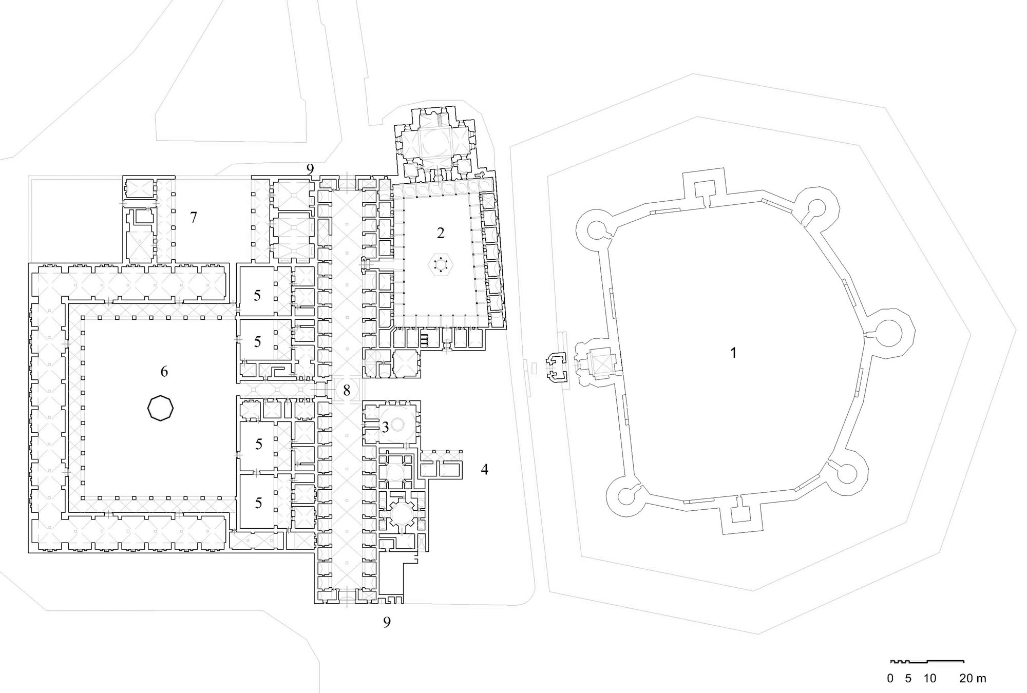 Sokollu Mehmed Pasha Külliyesi - Floor plan of complex showing (1) fortress, (2) mosque and convent courtyard, (3) bathhouse, (4) elementary school (hypothetical reconstruction), (5) guestrooms with private courts, (6) caravanserai with stables, (7) hospice, (8) prayer dome, (9) public fountains. DWG file in AutoCAD 2000 format. Click the download button to download a zipped file containing the .dwg file.