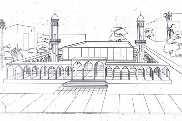 B&W drawing, perspective view to the complex