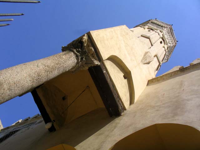 View looking up of the minaret standing on two columns