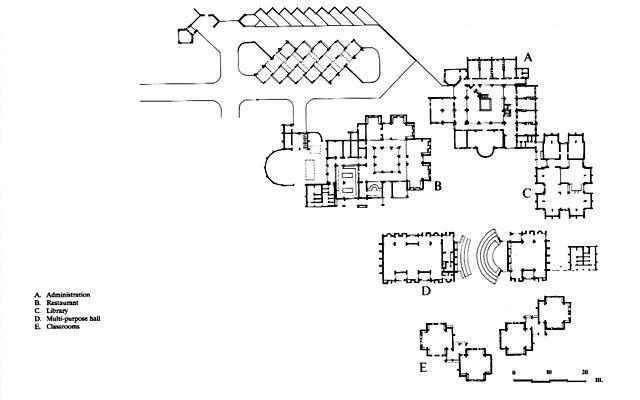 B&W drawing, administration building, classrooms, and restaurant