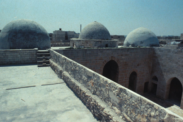 Exterior view form roof showing series of domes that mark the arcade