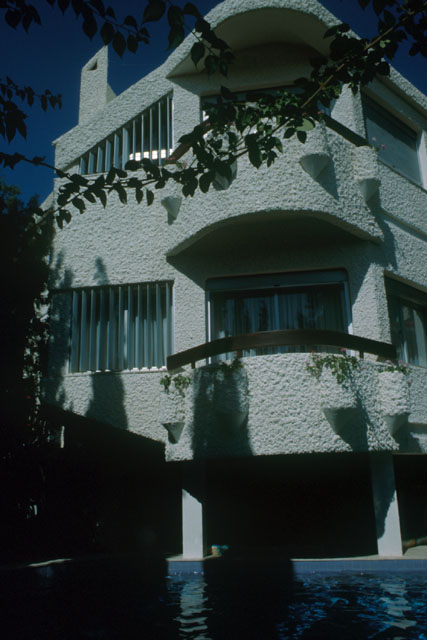 Exterior detail showing corner balconies