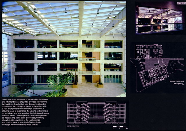 Presentation panel with project description, floor plan, cross-section and interior views of atrium