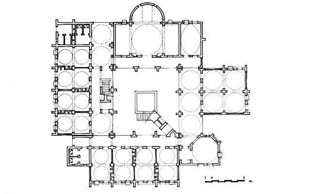 B&W drawing, administration building with offices organised around a central courtyard