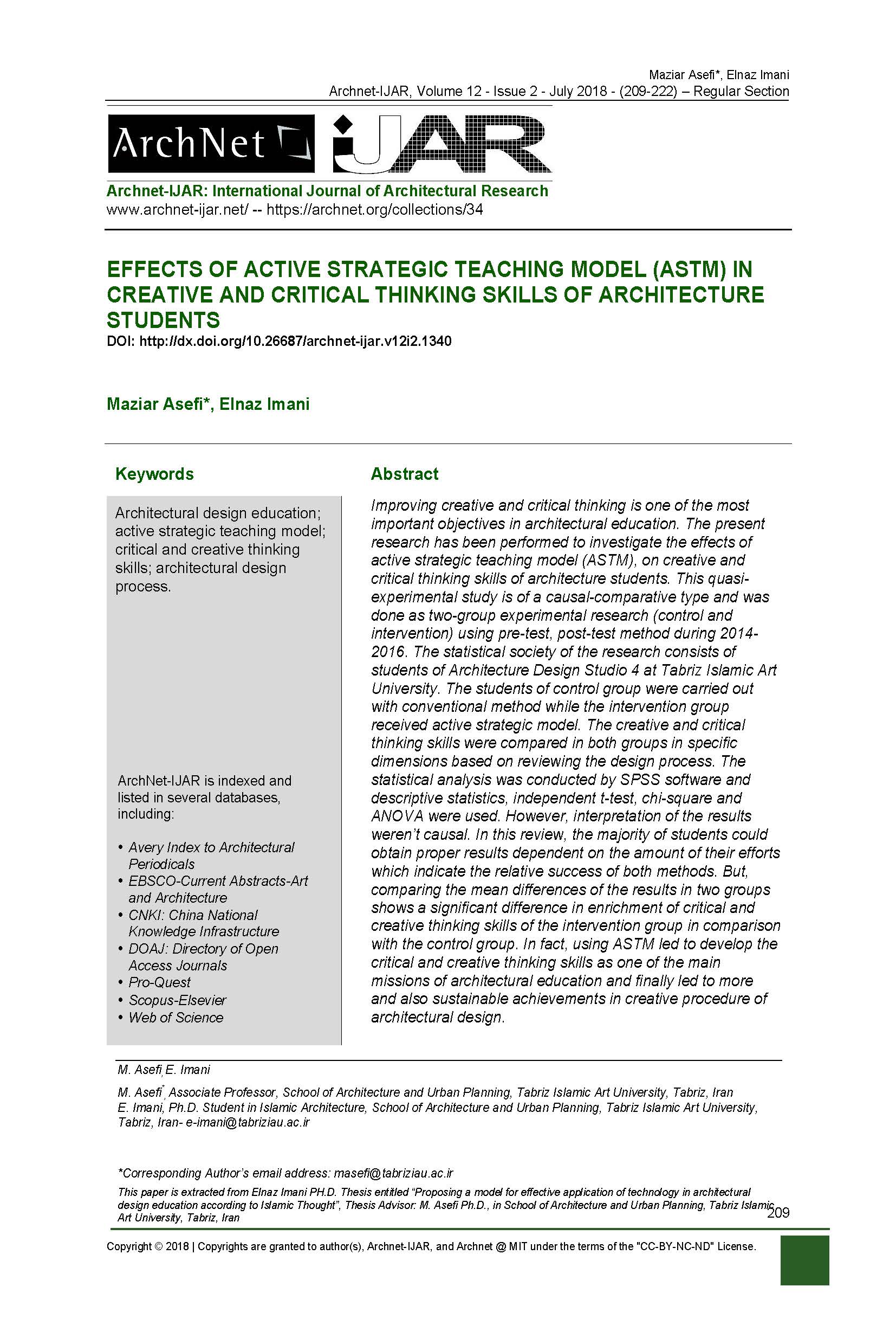 Effects of Active Strategic Teaching Model (astm) In Creative and Critical Thinking Skills of Architecture Students