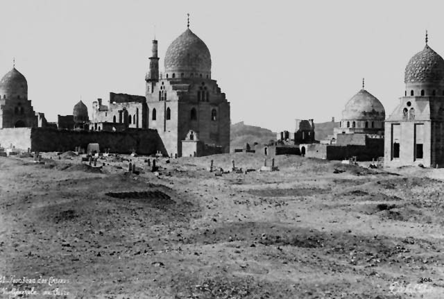 Historic view. Domes from left to right: unknown, Khadiga Umm al-Ashraf, Barsbay, Sab'a Banat, Ganibek al-Ashrafi