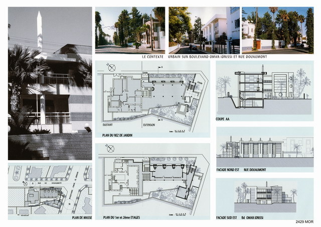 Presentation panel with site plan, floor plans, section and elevation drawings and general views