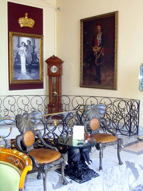 The entrance lobby of the hotel with the two elephant-like chairs that belonged to the king