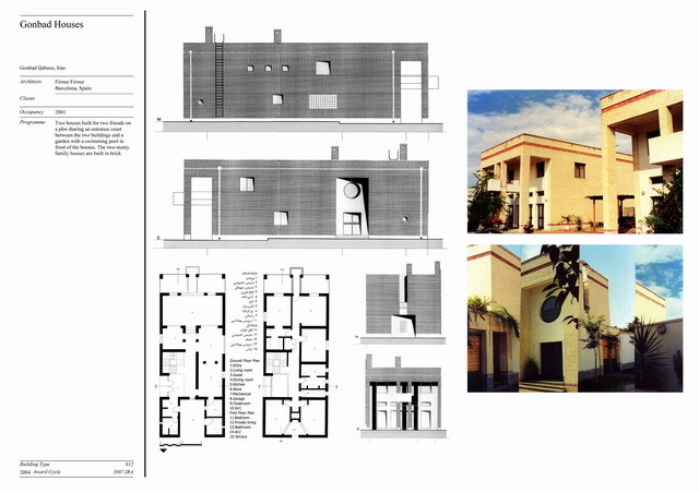 Presentation panel with floor plans, elevation drawings and exterior views