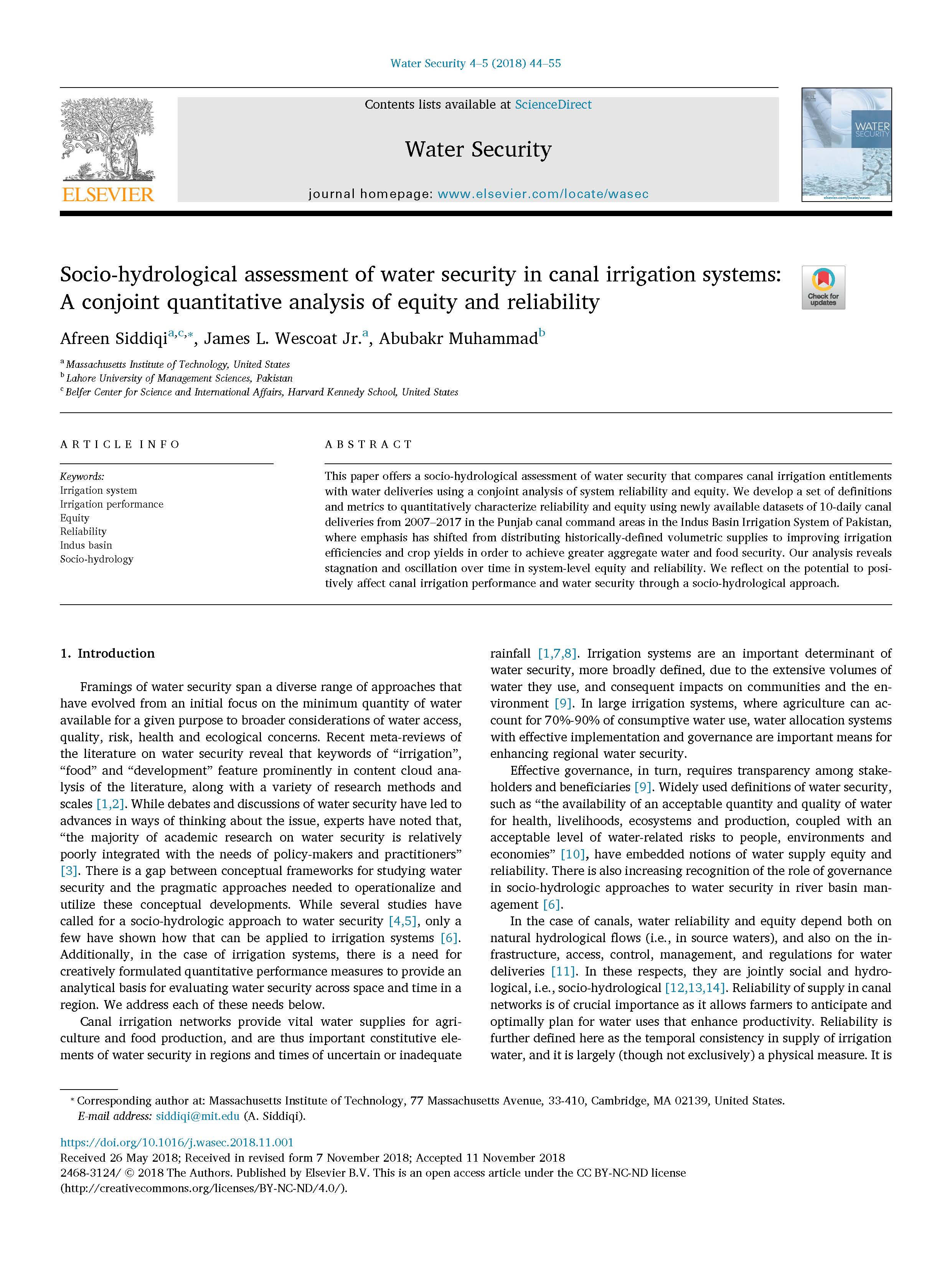 Abubakr Muhammad - <div style="text-align: justify;">This paper oﬀers a socio-hydrological assessment of water security that compares canal irrigation entitlements with water deliveries using a conjoint analysis of system reliability and equity. We develop a set of deﬁnitions and metrics to quantitatively characterize reliability and equity using newly available datasets of 10-daily canal deliveries from 2007–2017 in the Punjab canal command areas in the Indus Basin Irrigation System of Pakistan,where emphasis has shifted from distributing historically-deﬁned volumetric supplies to improving irrigation eﬃciencies and crop yields in order to achieve greater aggregate water and food security. Our analysis reveals stagnation and oscillation over time in system-level equity and reliability. We reﬂect on the potential to posi-tively aﬀect canal irrigation performance and water security through a socio-hydrological approach.</div><div style="text-align: justify;"><br></div><div style="text-align: justify;"><span style="font-weight: bold;">Keywords: Irrigation system, irrigation performance, equity, reliability, Indus basin, socio-hydrology</span></div>