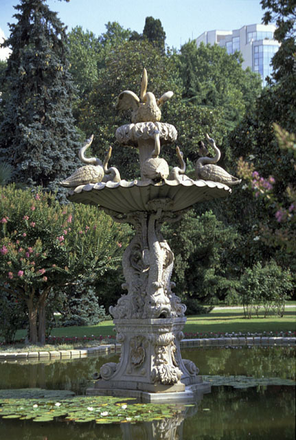 Fountain in the front garden of the Administrative Section.  Seen in the right background in Swiss Hotel, which was built in the palace forest
