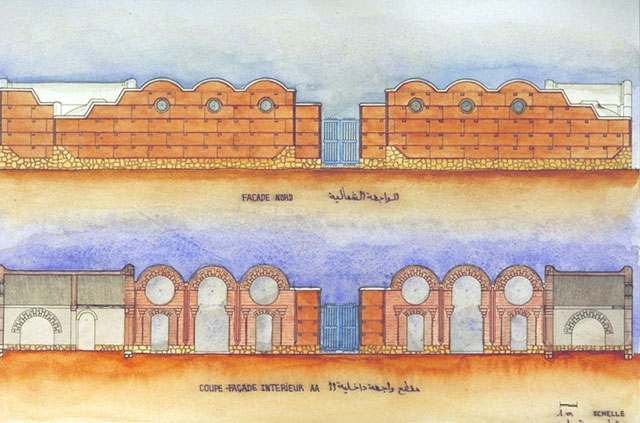Colour drawing, north façade and section