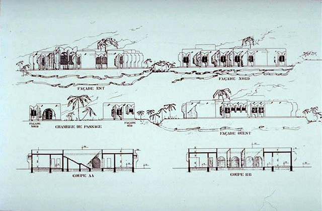 B&W drawing, cross-sections and elevations