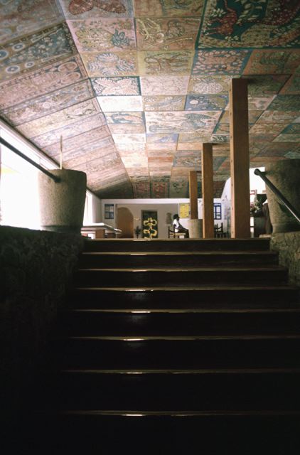 Main entrance stairs with batik ceiling