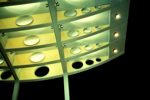 Detail of the steel entrance canopy at night