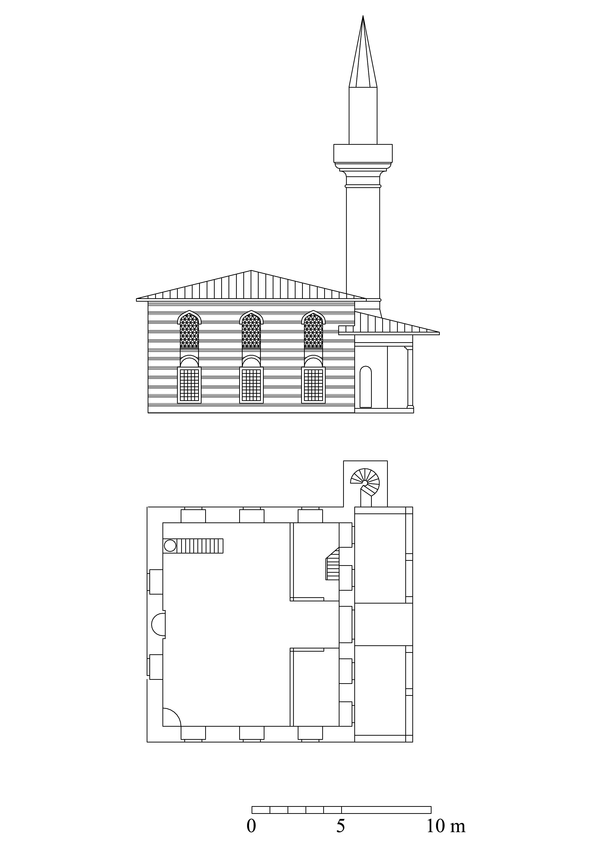 Sah Sultan Mosque - Floor plan and elevation. DWG file in AutoCAD 2000 format. Click the download button to download a zipped file containing the .dwg file.