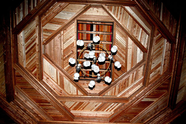 Wood ceiling and chandelier