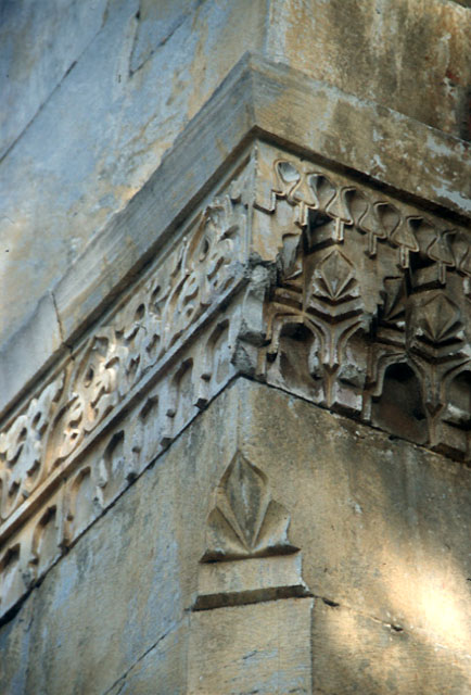 Exterior detail showing decorative cornice on corner pier of portico