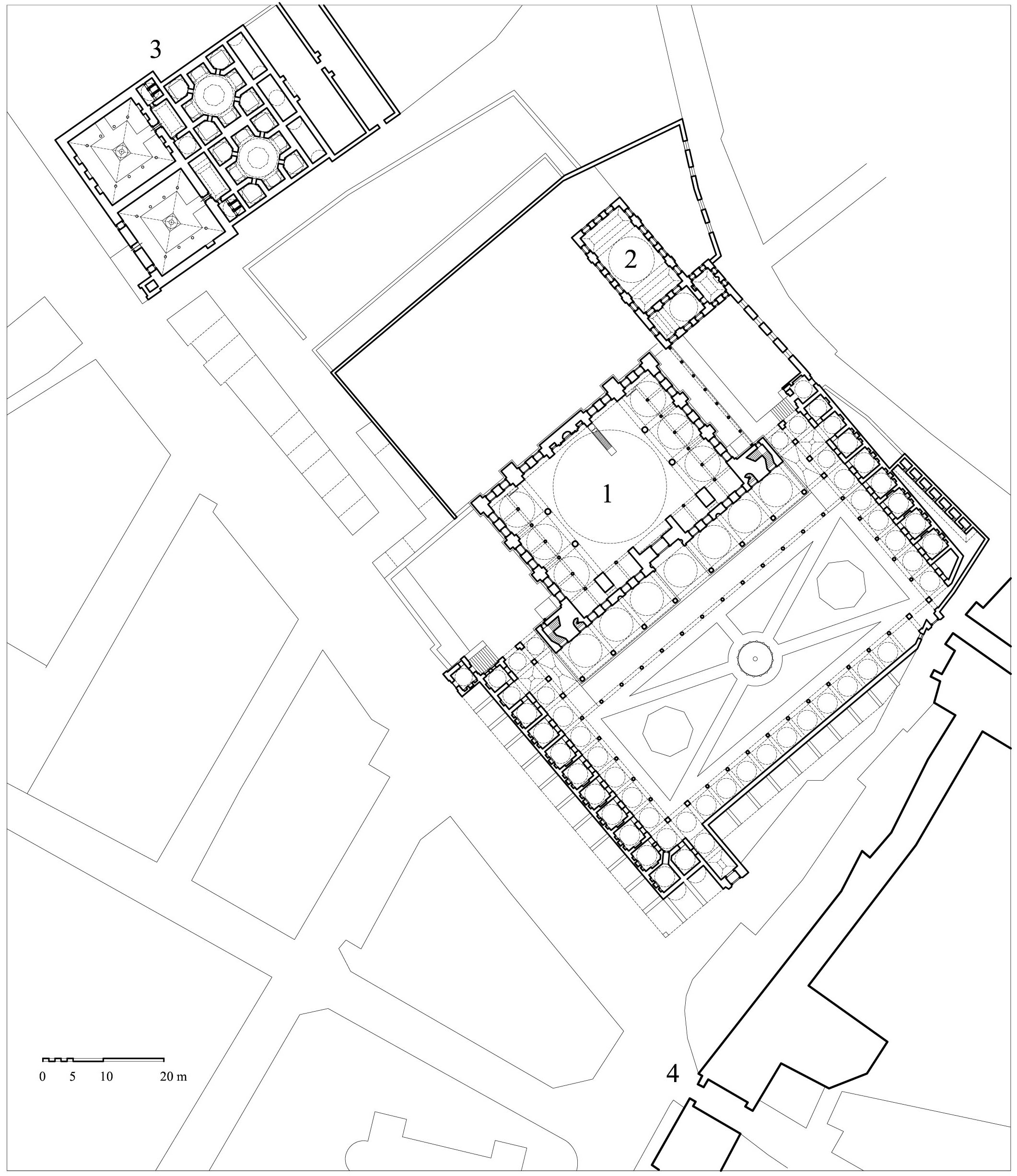 Mihrimah Sultan Külliyesi (Edirnekapı) - Floor plan of complex showing (1) mosque and madrasa, (2) Güzelce Ahmed Pasa mausoleum with school, (3) double bath with street fountain, (4) Edirne Gate of the city walls. DWG file in AutoCAD 2000 format. Click the download button to download a zipped file containing the .dwg file.