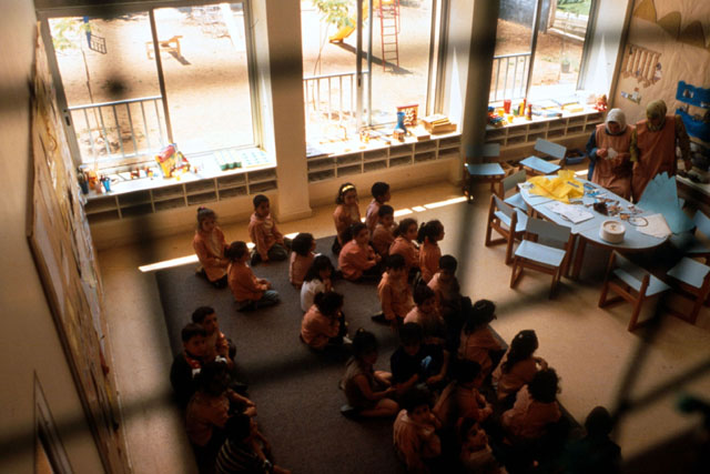 Interior view from above showing classroom