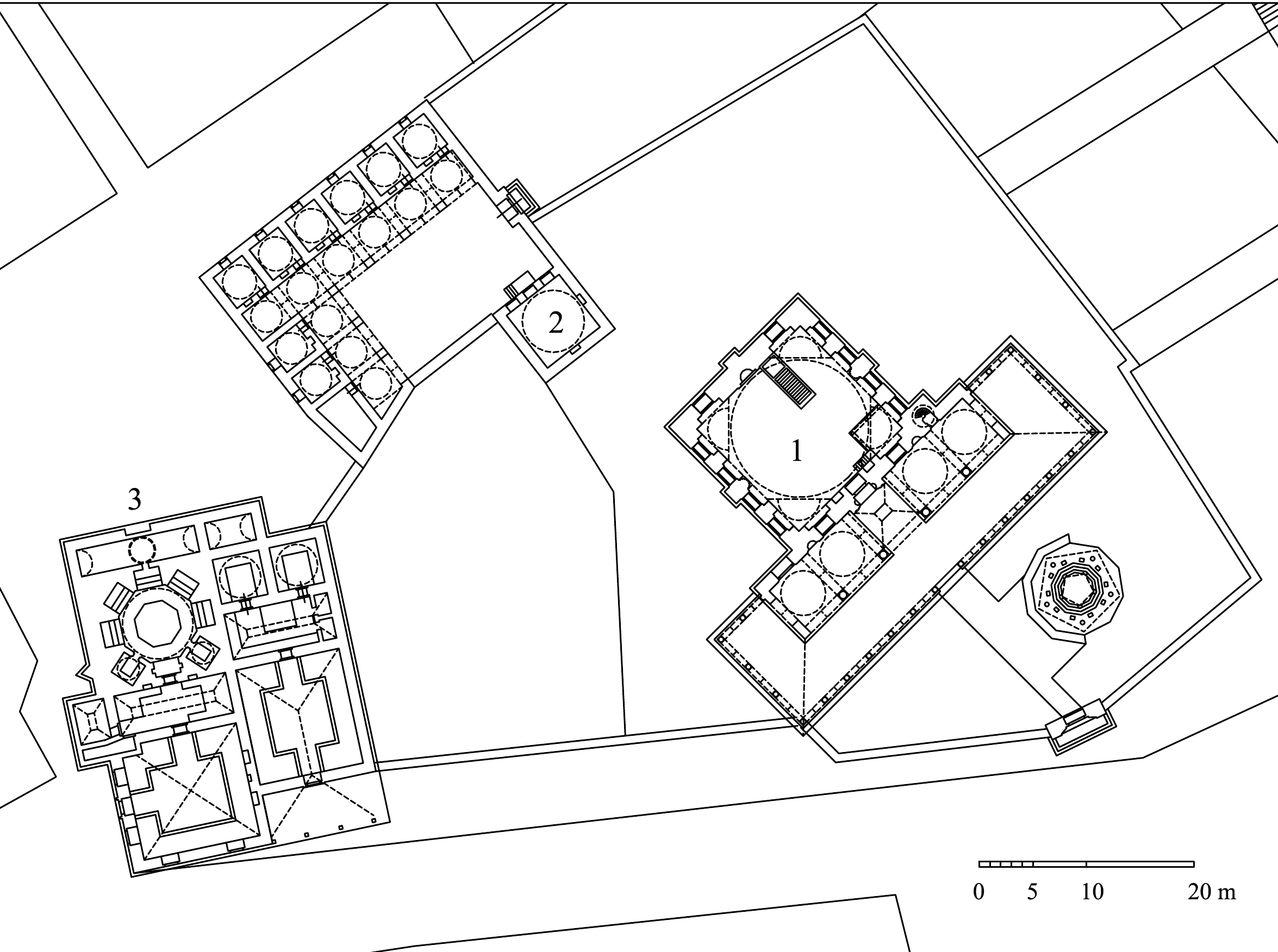 Rüstem Paşa Külliyesi - Floor plan of complex showing (1) mosque, (2) madrasa, (3) bathhouse. DWG file in AutoCAD 2000 format. Click the download button to download a zipped file containing the .dwg file.