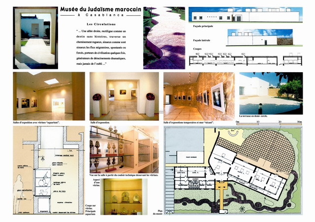 Musée du Judaïsme Marocain - Presentation panel with project description, floor plan, elevation and section drawings, details of exhibition windows, and interior views