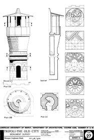 Jami' Arghun Shah - Drawing of the building, based on survey: Minaret plan, section, elevation, and details.
