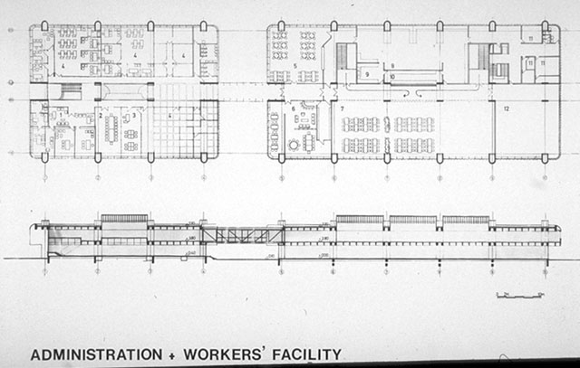 B&W drawing, ground floor plan and section of the administration and worker's facilities