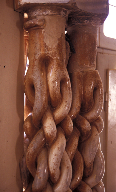 Interior detail; twin serpentine columns between windows on qibla (south) wall of prayer hall