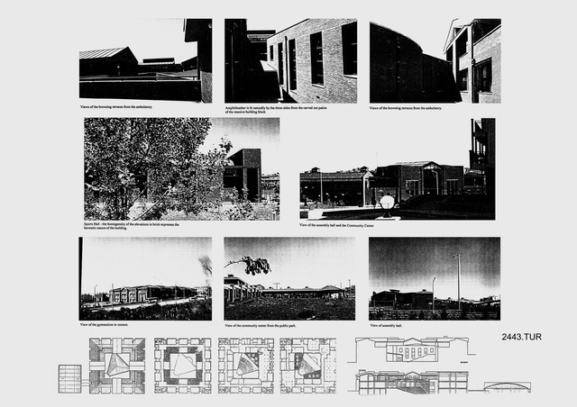 Presentation panel with floor plan and sections and &W photographs of typical apartment building