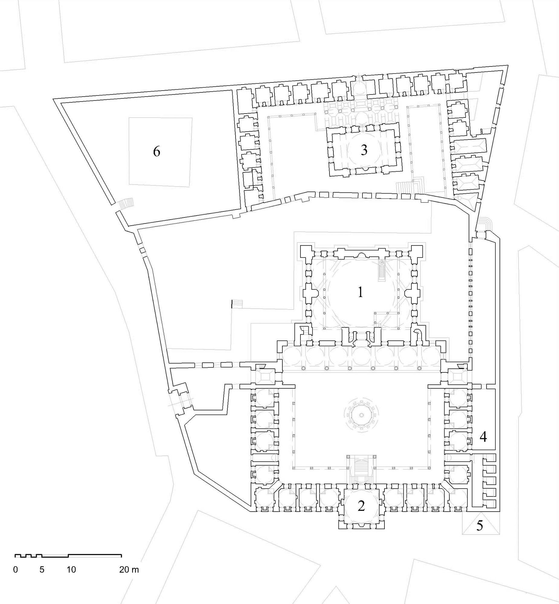 Sokullu Mehmet Paşa ve Ismihan Sultan Külliyesi (Kadırga) - Floor plan of complex showing (1) mosque, (2) madrasa, (3) convent, (4) latrines, (5) reservoir with street fountains, (6) pre-existing masjid of Helvacibasi Iskender. DWG file in AutoCAD 2000 format. Click the download button to download a zipped file containing the .dwg file.