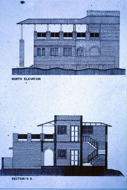 B&W drawing, cross-section & north elevation
