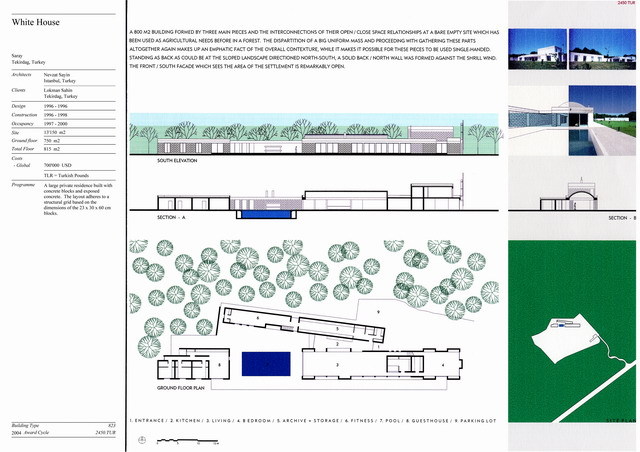 Presentation panel with site drawing, ground floor plan, south elevation and sections, and exterior views