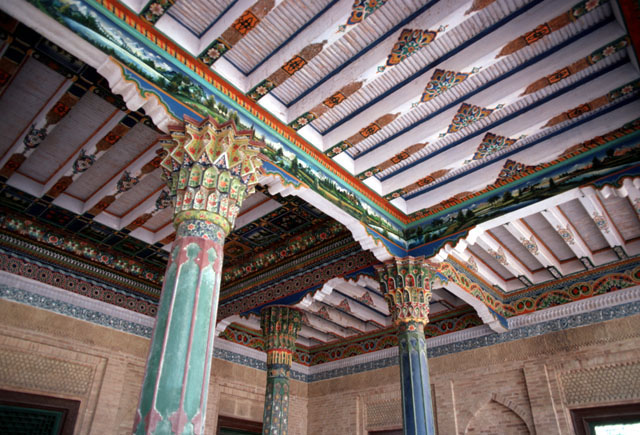 Painted columns, capitals and ceiling of portico at the High Mosque