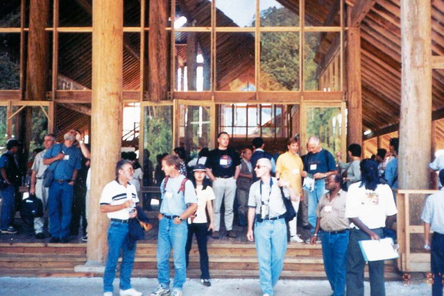 View of porte-cochère, with participants of IUFRO (International Union of Forestry Research Organization) conference