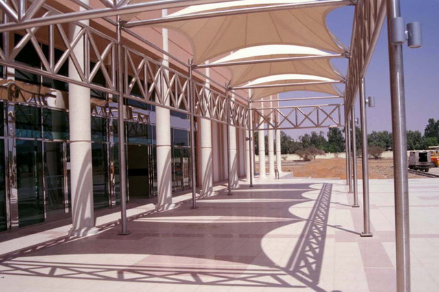 View of four-bay entrance canopy before hall