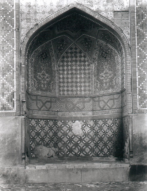 Exterior detail, small recess with glazed tile ornament
