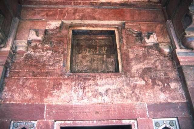 Exterior detail of panel on northwest window, frescoes