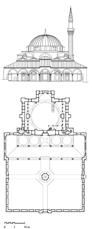 Floor plan and elevation of Semiz Ali Pasa Mosque at Babaeski
