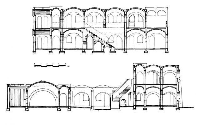 B&W drawing, sections through the administration building