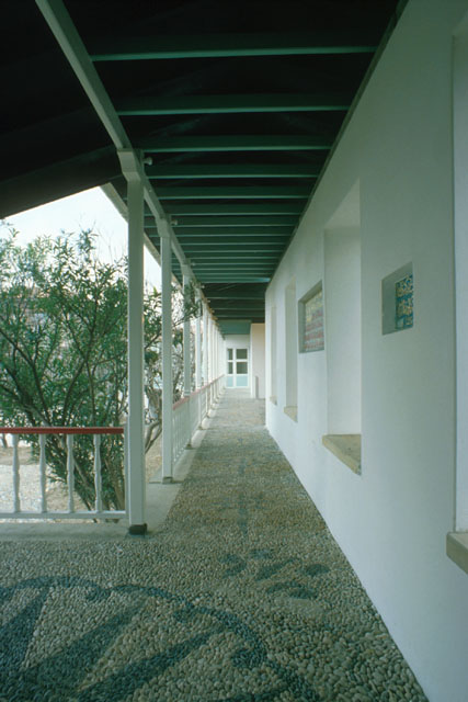 View along covered walkway