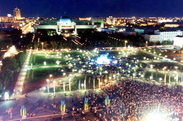 General view, public square lit for celebrations at night
